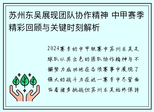 苏州东吴展现团队协作精神 中甲赛季精彩回顾与关键时刻解析