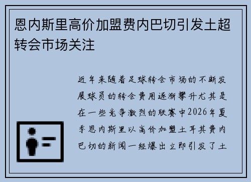 恩内斯里高价加盟费内巴切引发土超转会市场关注 恩内斯里高价加盟费内巴切引发土超转会市场关注